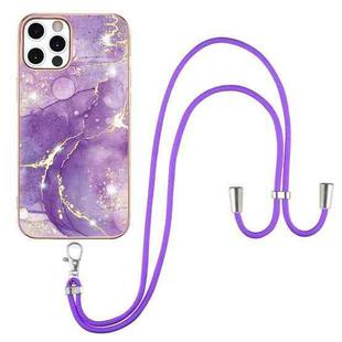 For iPhone 12 Pro Max Electroplating Marble Pattern IMD TPU Shockproof Case with Neck Lanyard(Purple 002)