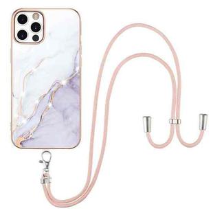 For iPhone 12 Pro Max Electroplating Marble Pattern IMD TPU Shockproof Case with Neck Lanyard(White 006)