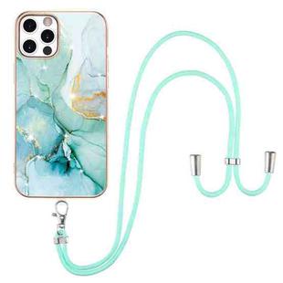 For iPhone 12 Pro Max Electroplating Marble Pattern IMD TPU Shockproof Case with Neck Lanyard(Green 003)