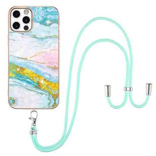 For iPhone 12 Pro Max Electroplating Marble Pattern IMD TPU Shockproof Case with Neck Lanyard(Green 004)