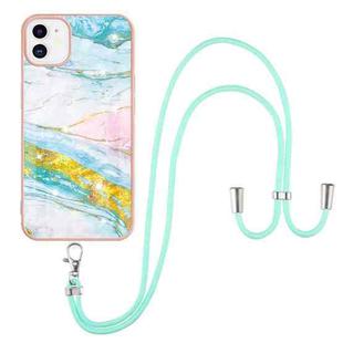 For iPhone 11 Electroplating Marble Pattern IMD TPU Shockproof Case with Neck Lanyard (Green 004)