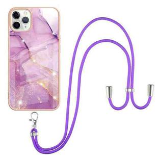For iPhone 11 Pro Max Electroplating Marble Pattern IMD TPU Shockproof Case with Neck Lanyard (Purple 001)