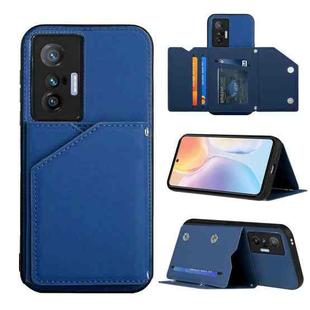 For vivo X70 Skin Feel PU + TPU + PC Back Cover Shockproof Case with Card Slots & Holder & Photo Frame(Blue)