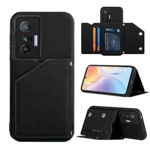 For vivo X70 Skin Feel PU + TPU + PC Back Cover Shockproof Case with Card Slots & Holder & Photo Frame(Black)