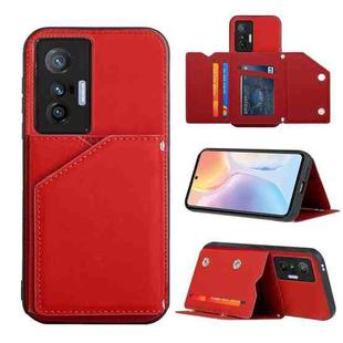 For vivo X70 Skin Feel PU + TPU + PC Back Cover Shockproof Case with Card Slots & Holder & Photo Frame(Red)