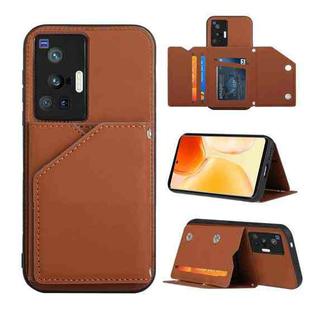For vivo X70 Pro Skin Feel PU + TPU + PC Back Cover Shockproof Case with Card Slots & Holder & Photo Frame(Brown)