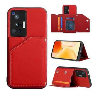 For vivo X70 Pro Skin Feel PU + TPU + PC Back Cover Shockproof Case with Card Slots & Holder & Photo Frame(Red)