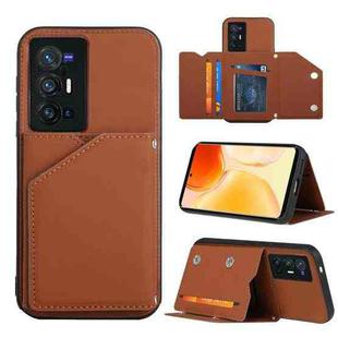 For vivo X70 Pro+ Skin Feel PU + TPU + PC Back Cover Shockproof Case with Card Slots & Holder & Photo Frame(Brown)