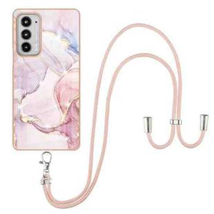 For Motorola Edge 20 Electroplating Marble Pattern IMD TPU Shockproof Case with Neck Lanyard(Rose Gold 005)