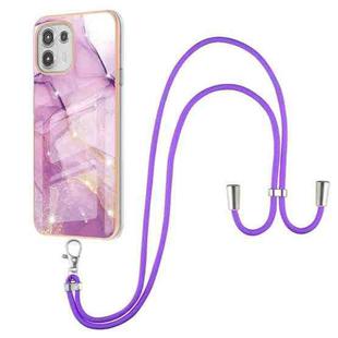 For Motorola Edge 20 Lite Electroplating Marble Pattern IMD TPU Shockproof Case with Neck Lanyard(Purple 001)