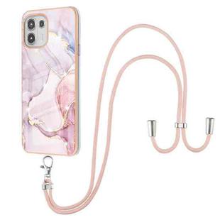 For Motorola Edge 20 Lite Electroplating Marble Pattern IMD TPU Shockproof Case with Neck Lanyard(Rose Gold 005)