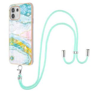 For Motorola Edge 20 Lite Electroplating Marble Pattern IMD TPU Shockproof Case with Neck Lanyard(Green 004)