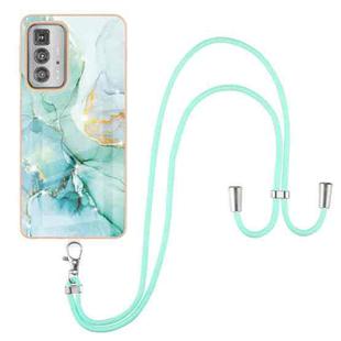 For Motorola Edge 20 Pro Electroplating Marble Pattern IMD TPU Shockproof Case with Neck Lanyard(Green 003)