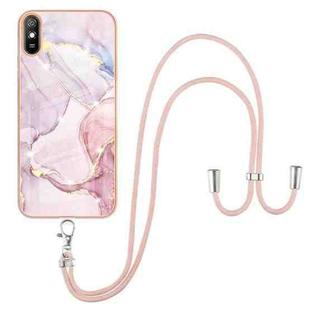 For Xiaomi Redmi 9A Electroplating Marble Pattern IMD TPU Shockproof Case with Neck Lanyard(Rose Gold 005)
