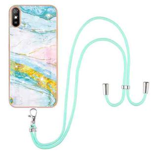 For Xiaomi Redmi 9A Electroplating Marble Pattern IMD TPU Shockproof Case with Neck Lanyard(Green 004)