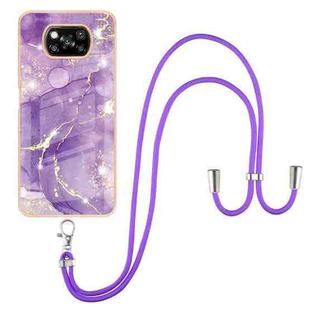 For Xiaomi Poco X3 NFC Electroplating Marble Pattern IMD TPU Shockproof Case with Neck Lanyard(Purple 002)