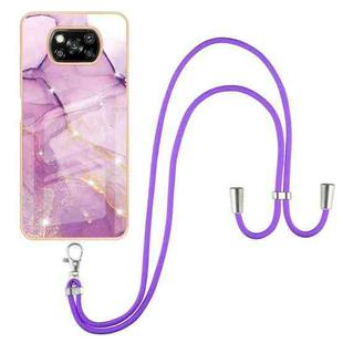 For Xiaomi Poco X3 NFC Electroplating Marble Pattern IMD TPU Shockproof Case with Neck Lanyard(Purple 001)