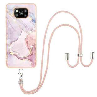 For Xiaomi Poco X3 NFC Electroplating Marble Pattern IMD TPU Shockproof Case with Neck Lanyard(Rose Gold 005)