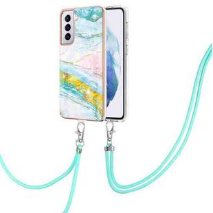 For Samsung Galaxy S21 5G Electroplating Marble Pattern IMD TPU Shockproof Case with Neck Lanyard(Green 004)