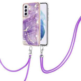 For Samsung Galaxy S21+ 5G Electroplating Marble Pattern IMD TPU Shockproof Case with Neck Lanyard(Purple 002)