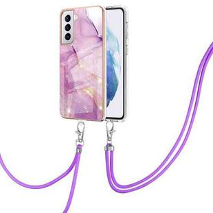 For Samsung Galaxy S21+ 5G Electroplating Marble Pattern IMD TPU Shockproof Case with Neck Lanyard(Purple 001)