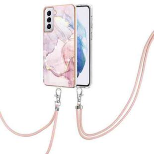 For Samsung Galaxy S21+ 5G Electroplating Marble Pattern IMD TPU Shockproof Case with Neck Lanyard(Rose Gold 005)