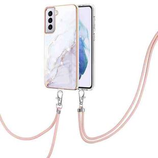 For Samsung Galaxy S21+ 5G Electroplating Marble Pattern IMD TPU Shockproof Case with Neck Lanyard(White 006)