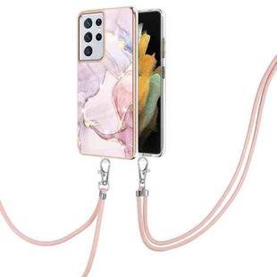 For Samsung Galaxy S21 Ultra 5G Electroplating Marble Pattern IMD TPU Shockproof Case with Neck Lanyard(Rose Gold 005)