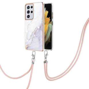 For Samsung Galaxy S21 Ultra 5G Electroplating Marble Pattern IMD TPU Shockproof Case with Neck Lanyard(White 006)