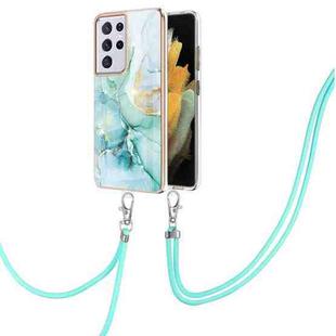 For Samsung Galaxy S21 Ultra 5G Electroplating Marble Pattern IMD TPU Shockproof Case with Neck Lanyard(Green 003)