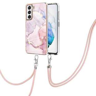 For Samsung Galaxy S21 FE 5G Electroplating Marble Pattern IMD TPU Shockproof Case with Neck Lanyard(Rose Gold 005)