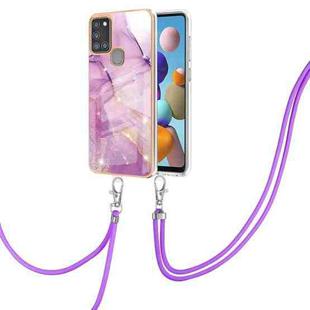 For Samsung Galaxy A21s Electroplating Marble Pattern IMD TPU Shockproof Case with Neck Lanyard(Purple 001)