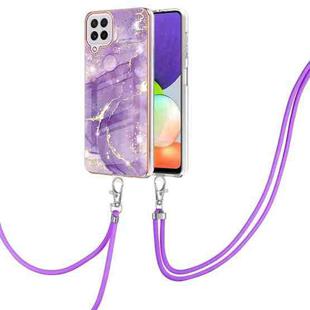For Samsung Galaxy A22 4G EU Version 158mm Electroplating Marble Pattern IMD TPU Shockproof Case with Neck Lanyard(Purple 002)
