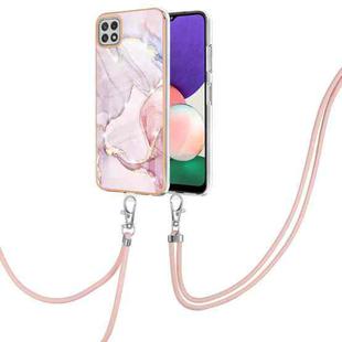 For Samsung Galaxy A22 5G US Version 167mm Electroplating Marble Pattern IMD TPU Shockproof Case with Neck Lanyard(Rose Gold 005)