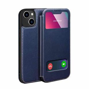 For iPhone 13 mini Yak Texture Horizontal Flip View Time Top Layer Cowhide Leather Case with Holder & Call Display ID (Royal Blue)