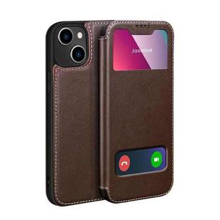 Yak Texture Horizontal Flip View Time Top Layer Cowhide Leather Case with Holder & Call Display ID For iPhone 13 mini(Brown)