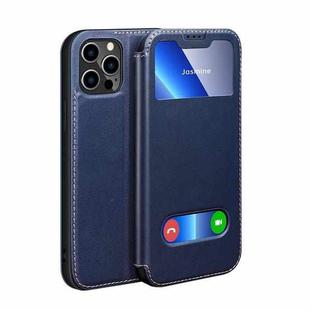 Yak Texture Horizontal Flip View Time Top Layer Cowhide Leather Case with Holder & Call Display ID For iPhone 13 Pro(Royal Blue)