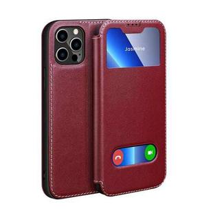 Yak Texture Horizontal Flip View Time Top Layer Cowhide Leather Case with Holder & Call Display ID For iPhone 13 Pro Max(Wine Red)