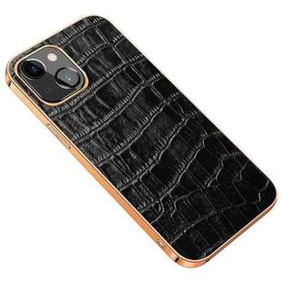 Electroplated Edge Crocodile Texture Top Layer Cowhide Leather Back Cover Shockproof Case For iPhone 13(Black)