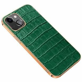 For iPhone 13 Electroplated Edge Crocodile Texture Top Layer Cowhide Leather Back Cover Shockproof Case(Green)