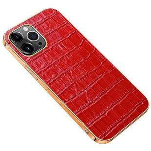 Electroplated Edge Crocodile Texture Top Layer Cowhide Leather Back Cover Shockproof Case For iPhone 13 Pro(Red)