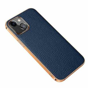 Electroplated Edge Litchi Texture Top Layer Cowhide Leather Back Cover Shockproof Case For iPhone 13 mini(Blue)