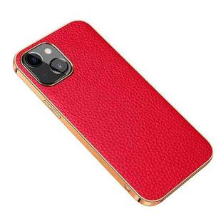 Electroplated Edge Litchi Texture Top Layer Cowhide Leather Back Cover Shockproof Case For iPhone 13 mini(Red)