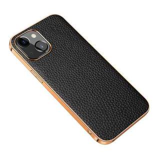 Electroplated Edge Litchi Texture Top Layer Cowhide Leather Back Cover Shockproof Case For iPhone 13(Black)