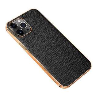 Electroplated Edge Litchi Texture Top Layer Cowhide Leather Back Cover Shockproof Case For iPhone 13 Pro(Black)