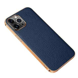 Electroplated Edge Litchi Texture Top Layer Cowhide Leather Back Cover Shockproof Case For iPhone 13 Pro(Blue)