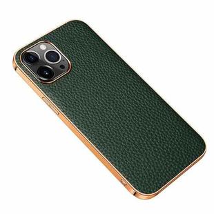 For iPhone 13 Electroplated Edge Litchi Texture Top Layer Cowhide Leather Back Cover Shockproof Case Pro Max(Green)