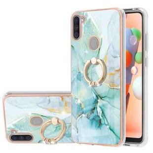For Samsung Galaxy A11 / M11 Electroplating Marble Pattern IMD TPU Shockproof Case with Ring Holder(Green 003)