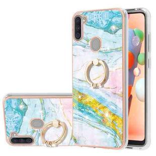 For Samsung Galaxy A11 / M11 Electroplating Marble Pattern IMD TPU Shockproof Case with Ring Holder(Green 004)