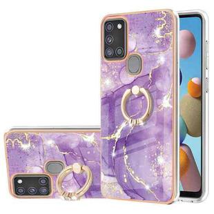 For Samsung Galaxy A21s Electroplating Marble Pattern IMD TPU Shockproof Case with Ring Holder(Purple 002)